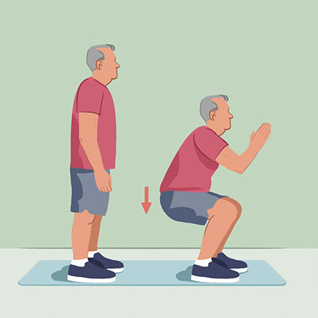 Illustration of a man demonstrating how to do squats