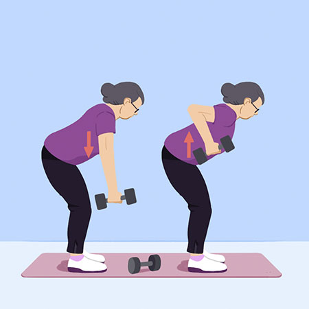 Illustration of a woman demonstrating how to do a one-arm dumbbell row