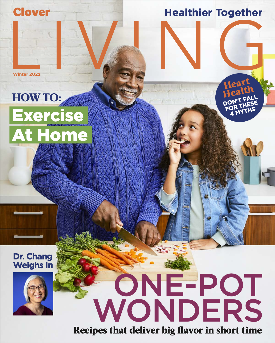 cover of the winter issue of Clover Living magazine with a grandparent and grandchild cooking together in a kitchen
