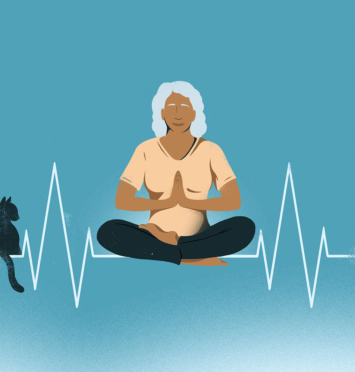 Illustration of a woman meditating with an EKG symbol behind her on a blue background