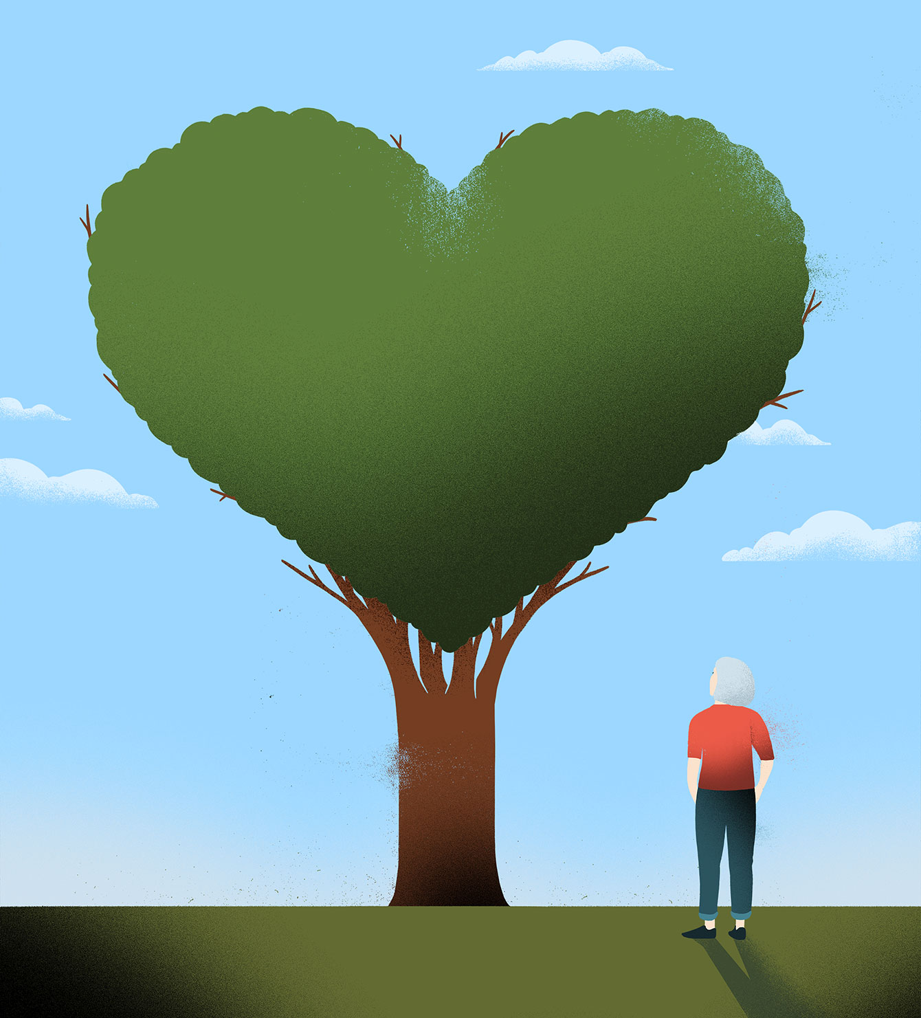 Illustration of a man in a red shirt and jeans outside, looking up at a tree shaped like a heart