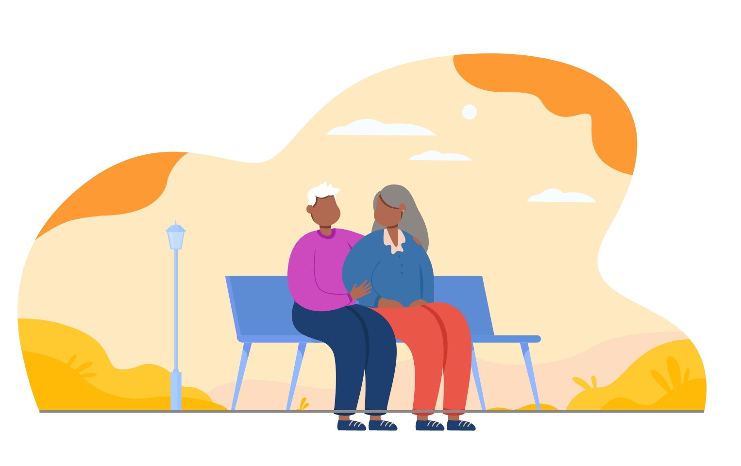 Illustration of two people sitting on a bench in the park.