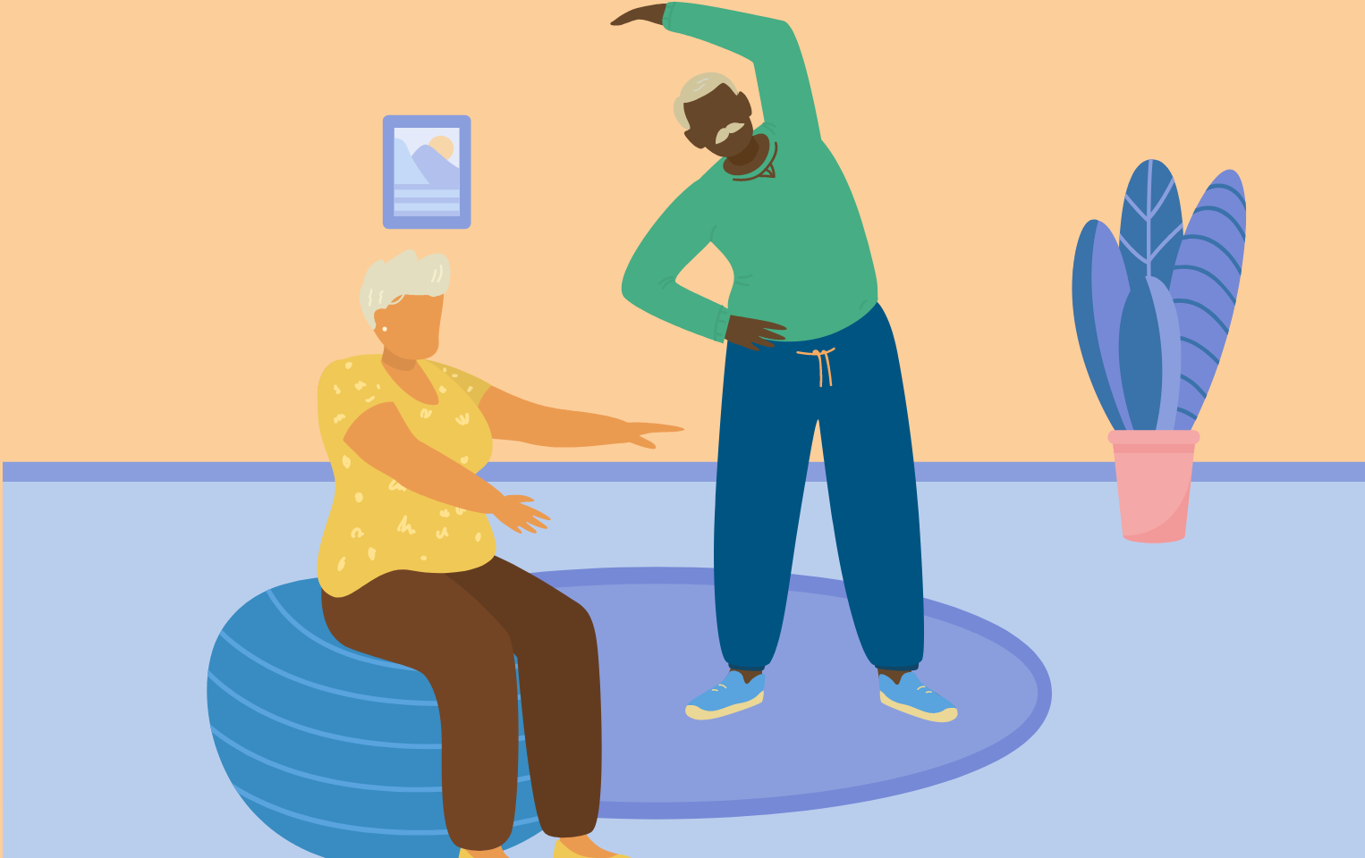 Illustration of two people stretching in a living room.